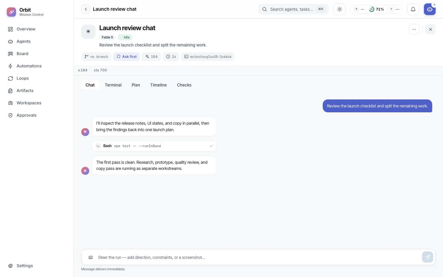 A synthetic agent-harness chat showing an orchestrator coordinating a product review