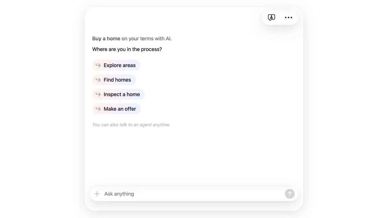 Reed's buyer chat offering paths to explore areas, find homes, inspect a home, or make an offer